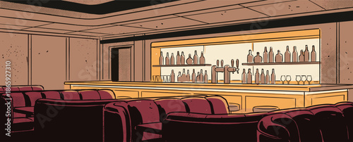 Empty bar interior with red booths and a wooden counter in a retro comic book style illustration with a warm, vintage color palette and halftone dot shading
