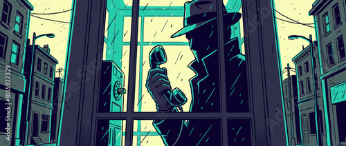 Silhouetted detective in a trench coat and fedora hat holds a telephone receiver inside a rainy phone booth on a city street in a noir comic book illustration