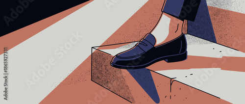 Stylish dark blue leather loafer shoe on a person's foot stepping up onto a geometric stair in a minimalist graphic illustration with a stippling texture and bold lines