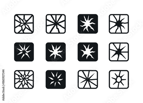 Cracked Windows Logo Set. Cracked windows. Icon set. Set Logo of cracked windows: glass fragment geometry. harmonious logo variations of the same emblematic