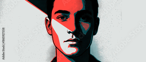 Stylized comic book illustration of a young man's face with a pensive look, featuring bold red and black colors, halftone patterns, and dramatic high-contrast shadows