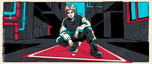 Stylish young person with messy hair crouching in a gritty urban alley, depicted in a bold comic book illustration style with a dramatic, limited color palette
