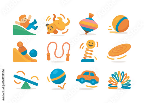 Playful Motion Icons. Playful motion. Colorful flat vector icons set of playful motion: kid rolling down hill, tumbling dog, spinning top, rolling ball,