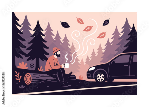 Traveler's Forest Rest. Forest roadside rest. Traveler perched on a fallen log near the car; steam swirling into pine-scented air. Leaf icons drifting in calm