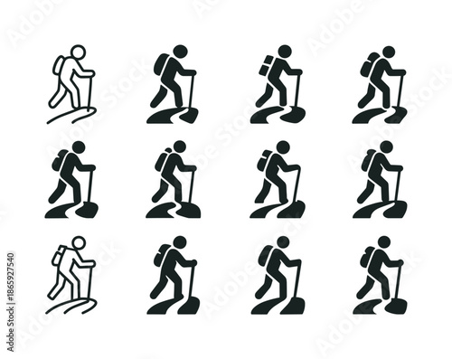 Senior Adventure Tour Logos. Adventure tours for senior travelers. Icon set. Set Logo of adventure tours for senior travelers: walking stick trail. harmonious