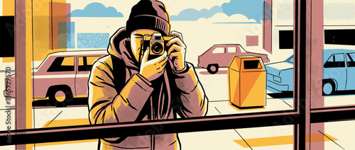 Street photographer wearing a black beanie and hooded jacket holds a vintage camera to capture an urban scene in a bold, graphic comic book illustration style