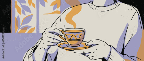 Person's hands in a cozy sweater holding a steaming, decorative cup of hot tea in a calm, peaceful moment by a window at night, in a modern graphic illustration style