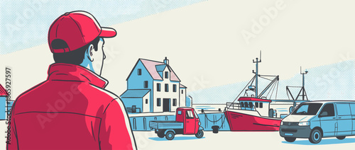 Man in a red jacket and cap looks out over a quaint fishing village harbor with a trawler boat and vehicles in a retro comic book art style with a limited color palette