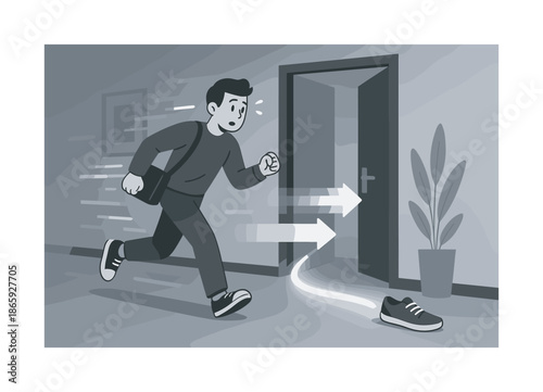 Urgent Shoe Hunt. Last-minute dash. Person scanning the entryway while a glowing trail points toward a lost shoe; floating arrows emphasizing speed. Light