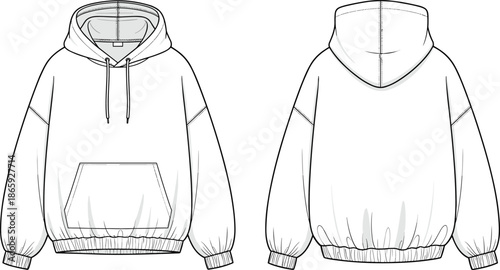 Hoodie sweatshirt fashion flat sketch with front and back views showing drawstring hood kangaroo pocket ribbed cuffs and hem design