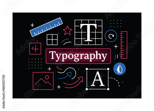 Dynamic Typography Magic. Modern typography tools. Floating rulers, grids, and text boxes surround glowing letters; dynamic icons hover nearby. Creative