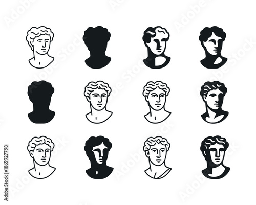 Harmonious Sculpture Logos. Fine arts. Icon set. Set Logo of fine arts: classical sculpture bust. harmonious logo variations of the same emblematic concept,