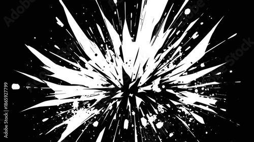 Dynamic white ink splatter exploding outwards on a stark black background, creating a dramatic abstract burst effect.
