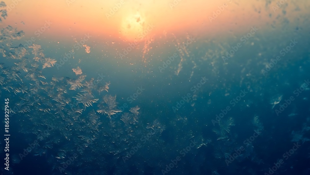 Obraz premium Snowflakes on windowpane at sunset with orange glow frost