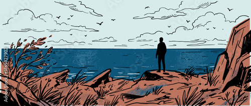 Graphic novel style illustration of a person standing alone on a rocky cliff, looking out at the vast ocean under a cloudy sky in a contemplative and peaceful scene