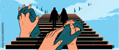 Two pairs of hands holding each other in a supportive gesture with a silhouetted couple walking up a long staircase towards the sky in a symbolic graphic illustration