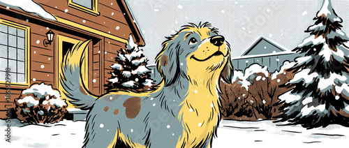 Happy fluffy blue and yellow dog stands outside in the falling snow, looking up with a joyful expression in a retro comic book style illustration with halftone details