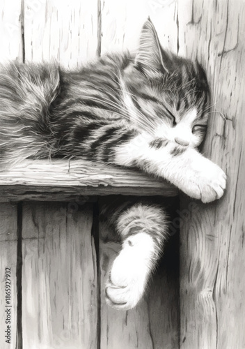 Serene Catnap: A peaceful moment captured as a tabby cat finds sweet repose, curled up snugly on a rustic wooden shelf, showcasing the simple joys of feline comfort.