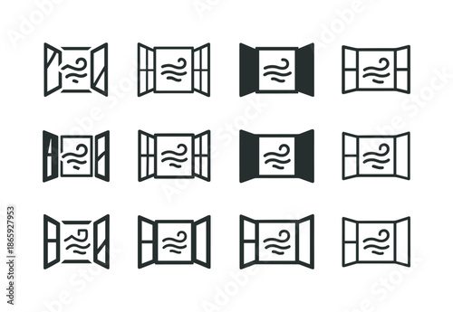 Fresh Air Icons. Opening the windows for fresh air. Icon set. Set Logo of opening the windows for fresh air: peaceful indoor air flow. harmonious