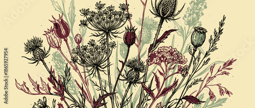 Hand-drawn vintage style illustration of wildflowers featuring thistle, poppy, and Queen Anne's lace in a rustic, botanical linocut print style with a muted color palette