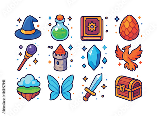 Fantasy Icon Collection. Fantasy world. Colorful isometric vector icons set of fantasy world: wizard hat, potion bottle, spell book, dragon egg, magic staff,