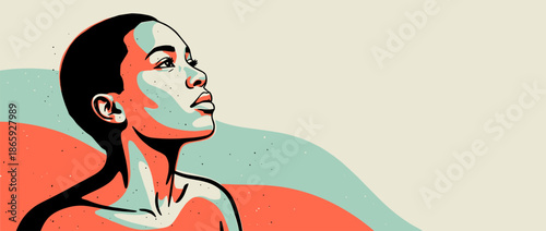 Beautiful illustrated woman with dark skin looks up with a hopeful and serene expression in a minimalist pop art style with bold lines and a limited color palette