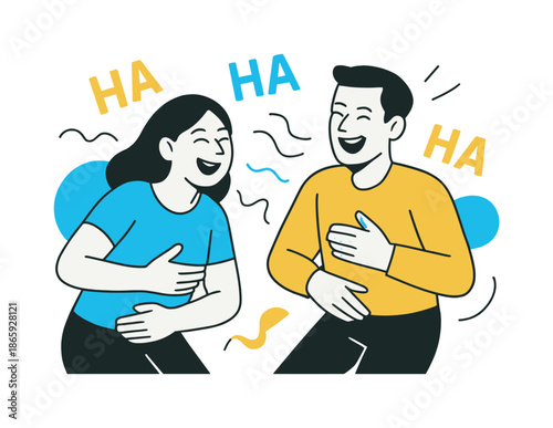 Shared Laughter Vibes. Shared inside joke. Two people laugh with synchronized body language, surrounded by floating ?ha ha? symbols and wavy rhythm lines.