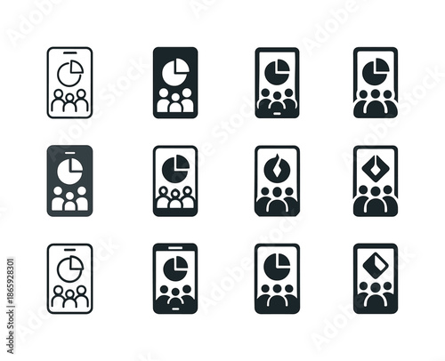 Family Finance Icons. Tracking family finances using an app. Icon set. Set Logo of tracking family finances using an app: smartphone with pie chart. harmonious