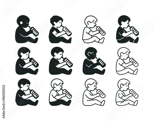 Kids' Holiday Toy Logos. Kids playing with holiday toys from gifts. Icon set. Set Logo of kids playing with holiday toys from gifts: child playing with musical