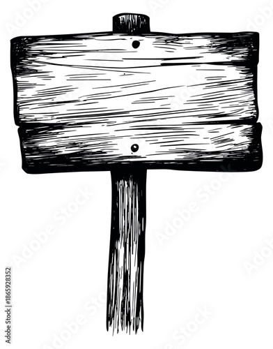 Hand drawn line art illustration of a wooden signpost depicting an empty rustic board for information and direction