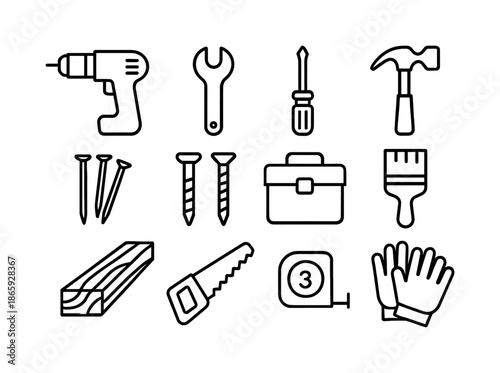 Home Improvement Icons. Home improvement. Line icon set of Home improvement: drill, wrench, screwdriver, hammer, nails, screws, toolbox, paint brush, wood
