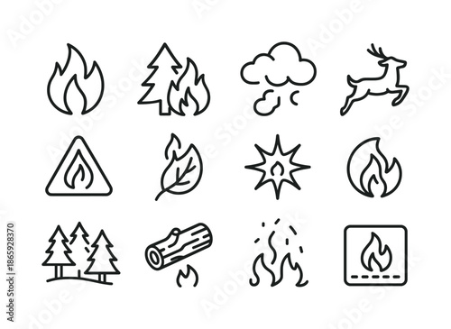 Forest Fire Icon Set. Forest fire. Line icon set of Forest fire: tall flame, burning pine, smoke cloud, wildlife fleeing icon, fire line marker, dry leaf