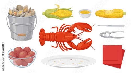 Seafood boil food set with lobster, clams, corn, and potatoes for a traditional summer feast, including utensils, butter, and napkins in a flat vector illustration style