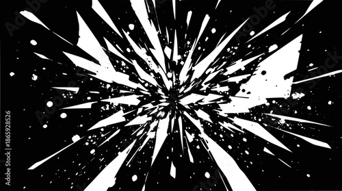 A dynamic black and white abstract graphic showing sharp, shattered fragments exploding outwards from a central point, creating a sense of impact and motion.