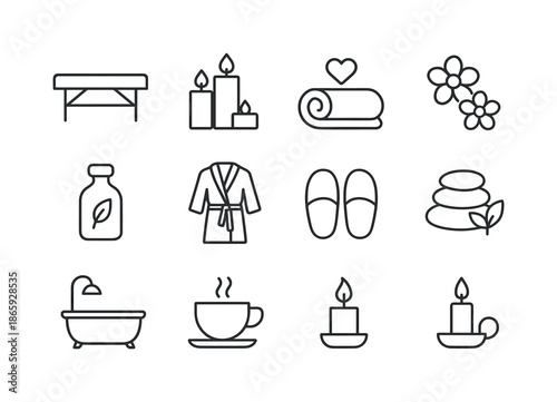 Minimalist Spa Icons. Spa and relaxation. Line icon set of Spa and relaxation: massage table, candles, towel, heart, flowers, oil bottle, robe, slippers, hot