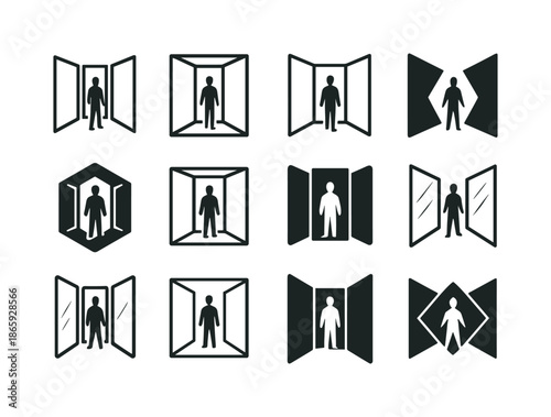 Mirrored Maze Icons. wandering through a maze of mirrors. Icon set. Set Logo of wandering through a maze of mirrors: silhouette in endless hallway. harmonious