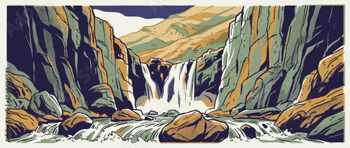 Majestic waterfall cascading through a rocky canyon in a stylized graphic illustration with a vintage, comic-inspired aesthetic and halftone shading