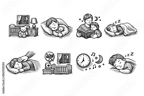 Illustrations of bedtime scenes with children and parents, black and white style