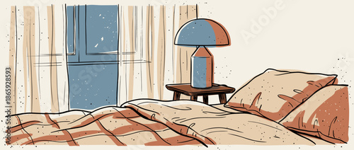 Cozy bedroom interior illustration showing an unmade bed with soft pillows, a bedside table with a lamp, and a window with curtains in a calm, quiet, and peaceful setting