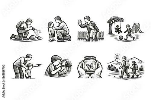 Father and child bonding activities, black and white illustrations