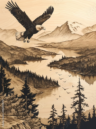 Majestic Ascent: An eagle soars above a serene mountain vista, its powerful wings carrying it across a sprawling lake, creating a breathtaking tableau of nature's beauty and freedom.