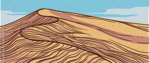 Hand-drawn illustration of a large sand dune with detailed wavy lines depicting wind-blown patterns and textures under a serene, clear blue sky in a vast desert landscape