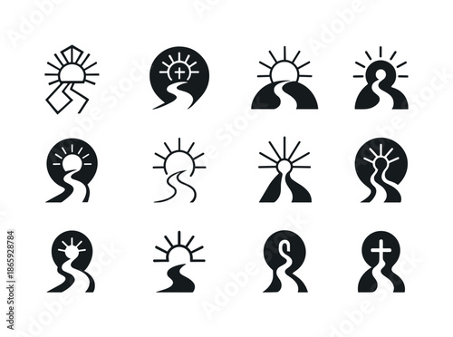 Sacred Journey Icons. Pilgrimage routes and sacred destinations. Icon set. Set Logo of pilgrimage routes and sacred destinations: spiritual light