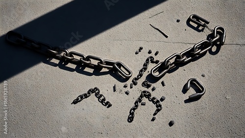 shackles. Severed metal chains scattered on a concrete ground with dramatic shadows. public awareness campaigns, NGO reports, designed for public awareness campaigns and NGO communications.