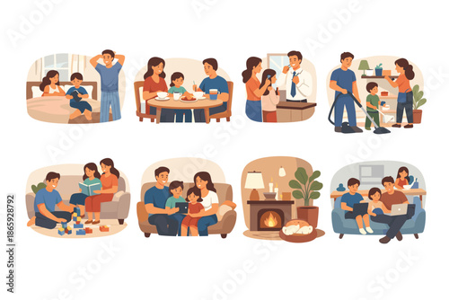 Family scenes with parents and children doing various activities