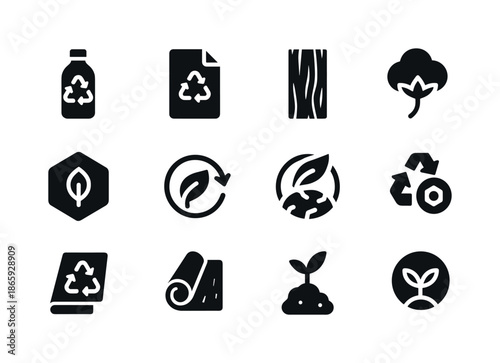 Eco Materials Icons. Eco Materials. Solid icon set of Eco Materials: recycled plastic, recycled paper, reclaimed wood, organic cotton, bio-based material,