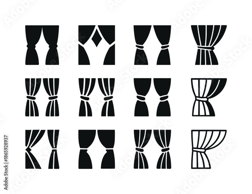 Curtain Logo Variations. Closing curtains. Icon set. Set Logo of closing curtains: Curtain tieback. harmonious logo variations of the same emblematic concept,