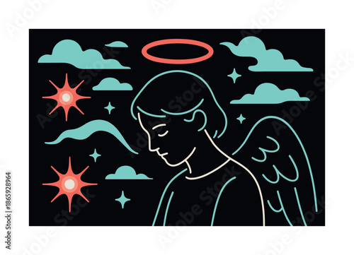 Celestial Radiance. Celestial harmony. A radiant halo hovers over a bowed head; soft drifting shapes mimic heavenly whispers. Light flares bloom around the