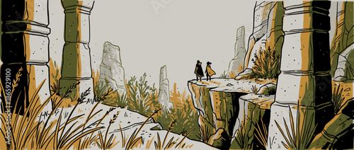 Two cloaked figures standing on a cliff edge overlooking a vast, ancient landscape with weathered stone pillars and ruins in a graphic illustration style