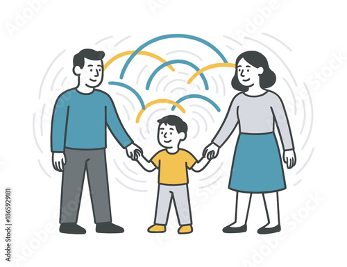 Family Harmony Arcs. Warm connections. A family of three holding hands with floating abstract arcs linking them; harmony waves radiate softly. Modern flat-line